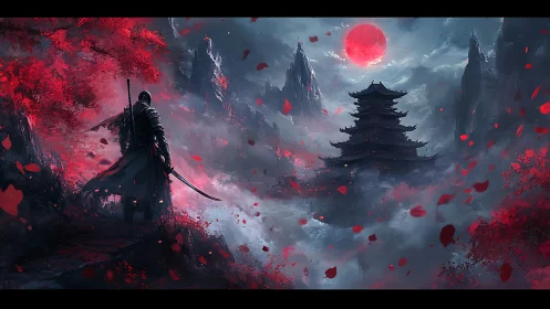 Lone samurai confronts a red moon above a misty pagoda
