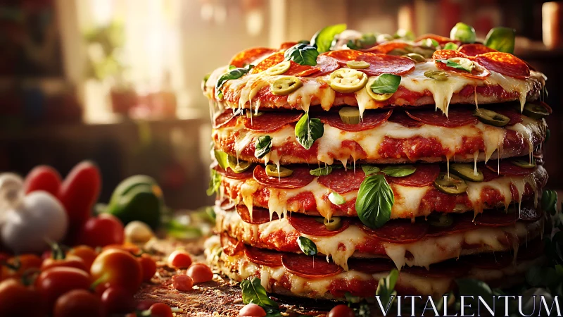 Layered gourmet pepperoni pizza tower in photorealistic studio style.