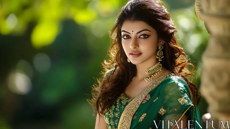 Woman in green embroidered saree with jewelry outdoors.