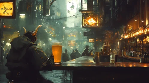Lone horned patron pauses with beer in a glowing cyber bar