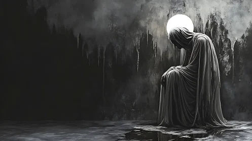 Shrouded seated figure under circular backlight in ruins.