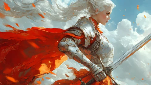 Silver-haired knight in ornate plate armor with scarlet cloak