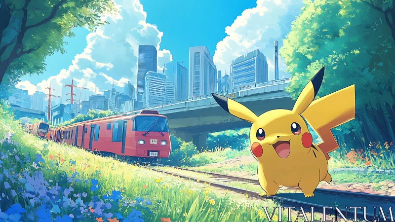 Vibrant electric creature beside urban red commuter train.