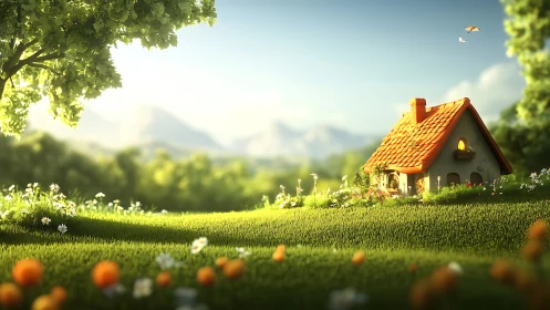 Sunny storybook cottage glowing in a peaceful green meadow.