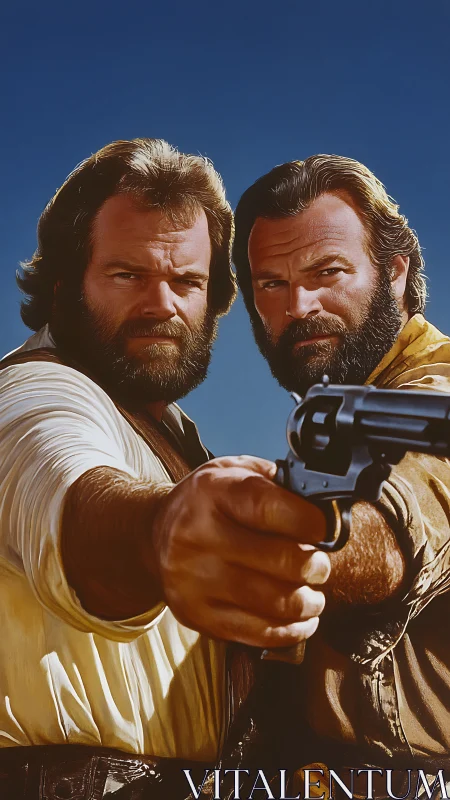 Bearded gunslingers unite in sunlit frontier standoff drama.