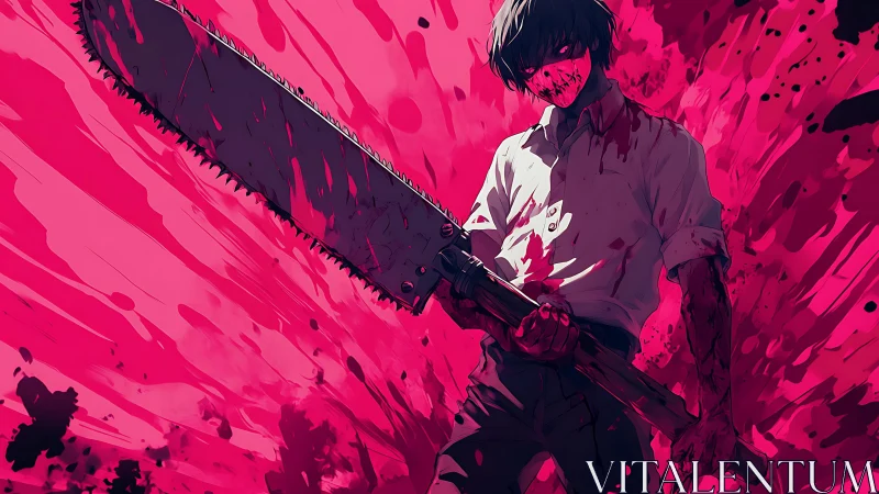 Blood-soaked anime boy wielding oversized chainsaw weapon