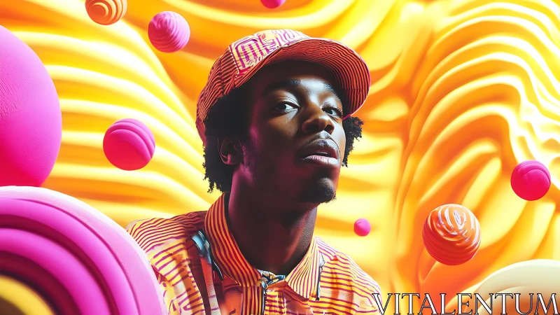 Color-drenched portrait merges fashion with playful spheres.