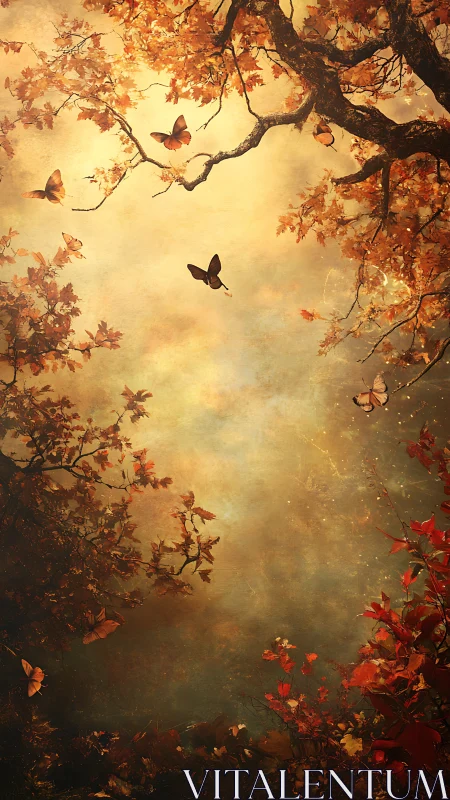 Golden autumn canopy with drifting butterflies at dusk.