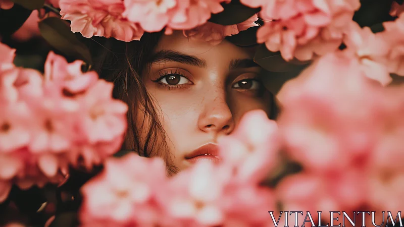 Portrait of Woman Surrounded by Pink Flowers in Dreamy Style.