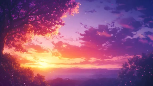 Chromatic gradient sunset under volumetric foliage canopy.