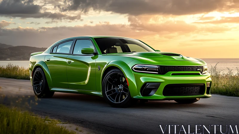 Lime green performance sedan on coastal road at golden hour