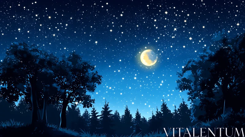 Starlit Night Sky Over Forest Landscape