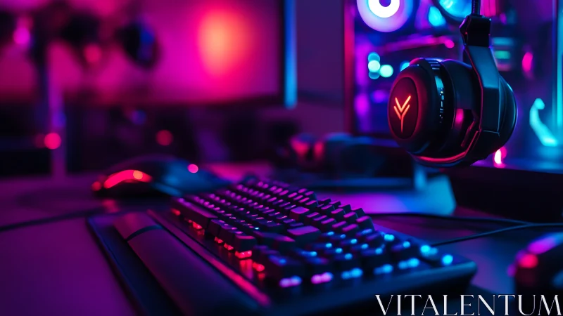 Neon nightshift keyboards and hovering gamer headsets glow.