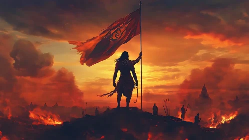 Warrior holding battle flag over burning battlefield at dusk