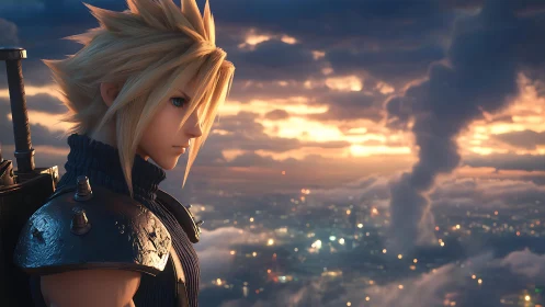 Profiled anime swordsman overlooks dystopian sunset cityscape