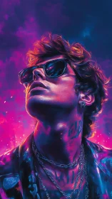 Stylized neon portrait of young man in sunglasses at night.