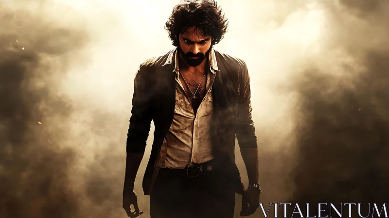 Brooding man with gun walking through smoky golden light.