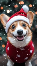 Corgi in red knit sweater and Santa hat under shallow depth snow