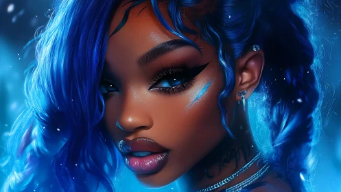 Cyberpunk portrait shows blue haired woman with neon glow