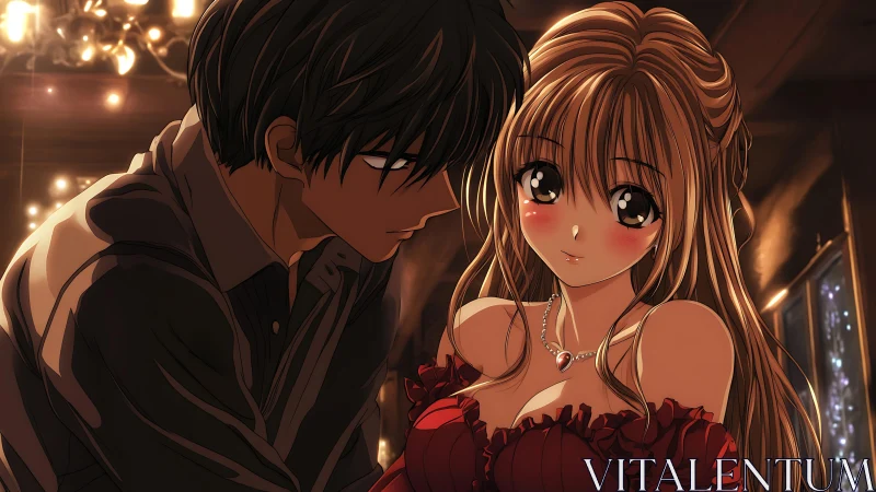 Romantic anime couple in warm candlelit interior scene.
