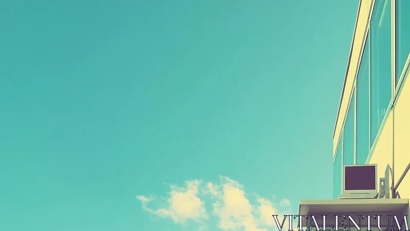 Minimalist office facade with retro monitor and teal sky.