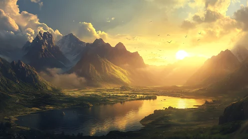 Golden sunset over serene mountain lake valley panorama.