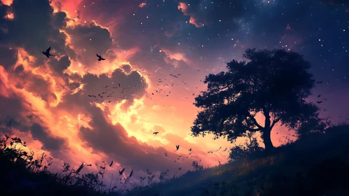 Lonely hillside tree under vivid sunset sky with birds.