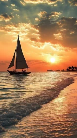 Sunset sailboat gliding along a glowing tropical shoreline.