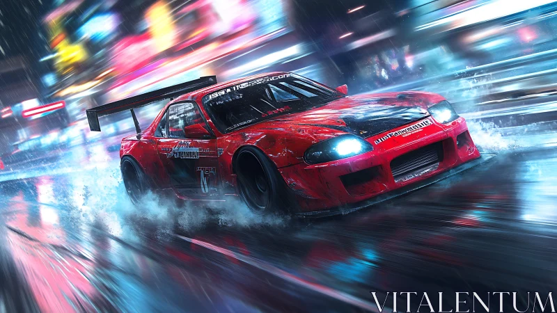 Neon rain ignites a red drift car streaking through night