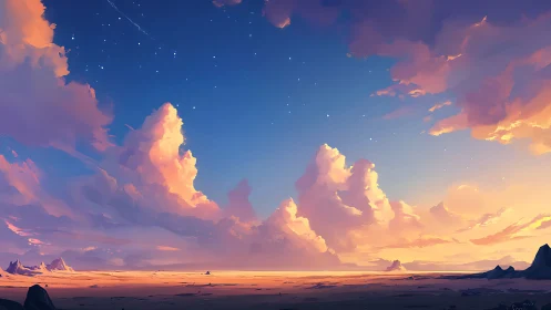 Gentle sunset clouds drifting above a quiet open desert.
