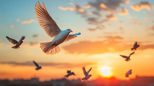 Aerial white dove in golden-hour backlit flight dynamics.