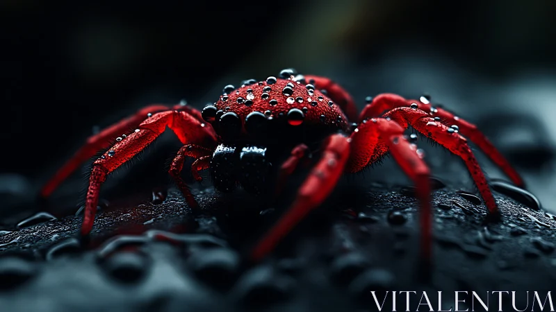 Scarlet spider in macro focus with dramatic water droplets.