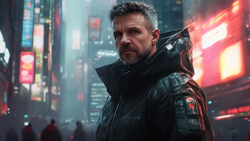 Night city wanderer pauses beneath neon lights and soft rain