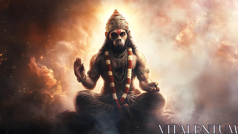 Hanuman-like deity sits in lotus pose within glowing clouds
