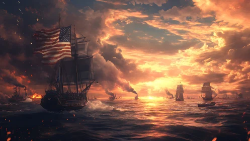 Historic naval vessels under flag at sunset in battle zone.