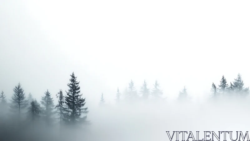 Coniferous treeline partially obscured by dense low fog layer.