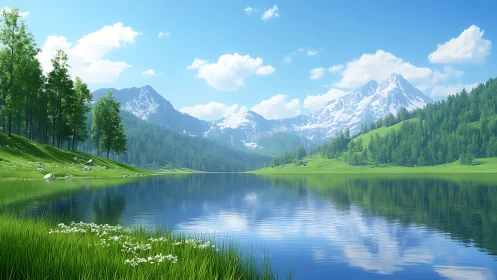 Mountain lake reflects snowy peaks and dense green forest