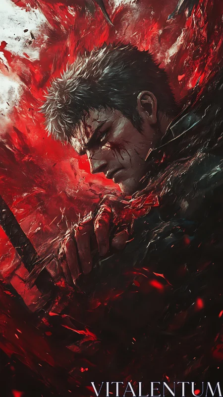 Battle-scarred warrior grips his blade amid raging crimson fire