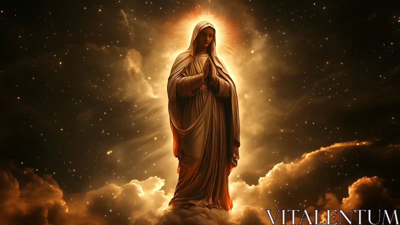 Luminous holy figure drifting through star-swept heavens.