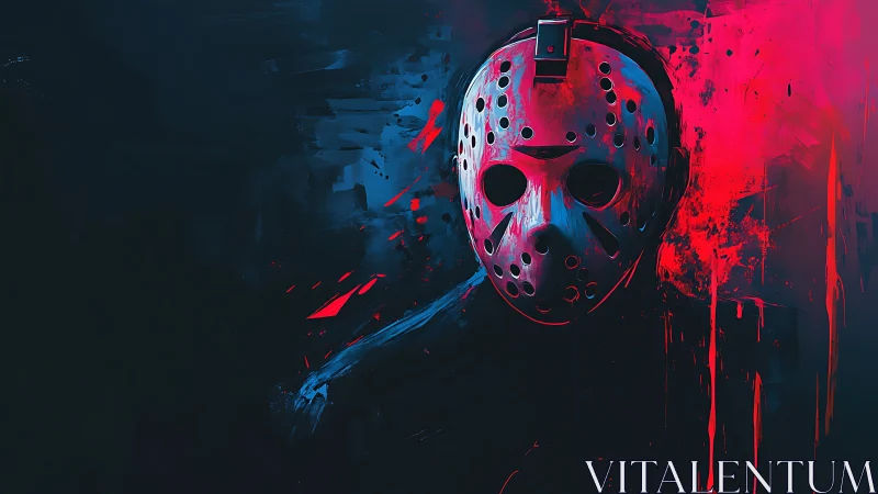 Hockey mask killer in neon red and blue digital portrait.
