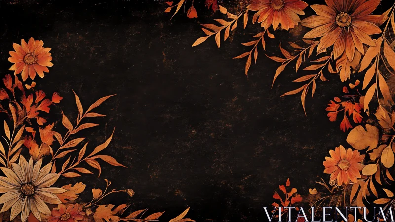 Autumn Florals Against Distressed Dark Ground. Digital Illustration.
