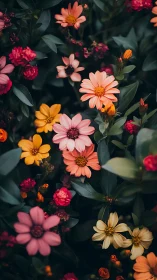 Garden flowers in full bloom display vivid warm color palette.
