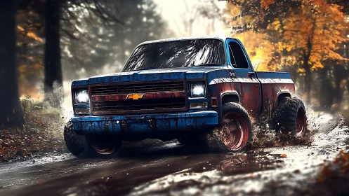 Mud-slinging blue pickup storms a glowing autumn forest trail.