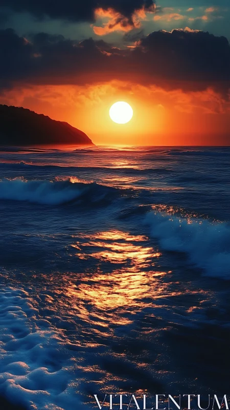 Sunset tide ignites the horizon in molten amber light.