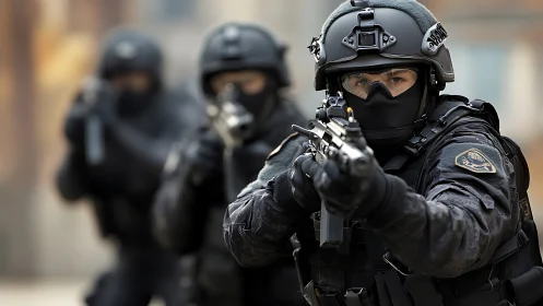Tactical entry team in full ballistic gear advancing forward.
