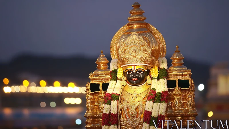 Gold adorned Hindu deity statue with floral garlands.