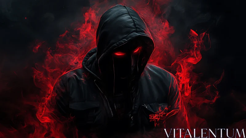 Hooded faceless figure in red smoke against dark backdrop.