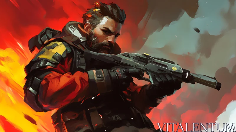 Armored soldier grips rifle against intense fiery backdrop