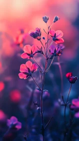Delicate Pink Flowers Glowing in Purple Twilight.