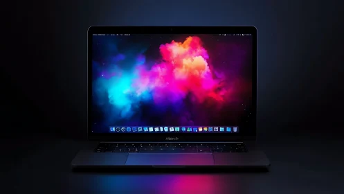 Colorful laptop screen glowing in a calm dark workspace.